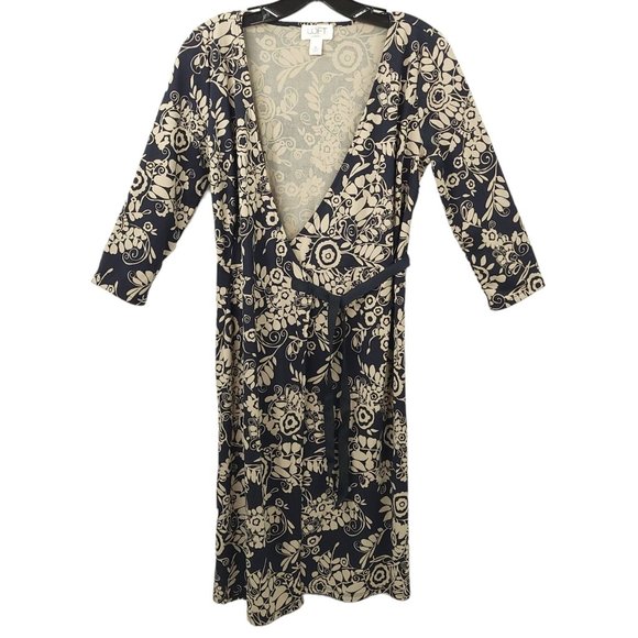 Ann Taylor LOFT Petites Wrap Dress Size 6P Black Taupe Floral Print Mid Length - Picture 1 of 16
